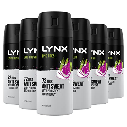 Lynx Men Epic Fresh Deodorant Body Spray Antiperspirant with grapefruit & tropical pineapple scent and ProScent technology and 72 hours protection against odour and wetness 150 ml, Pack of 6