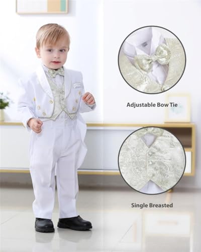 Image of Lito Angels Baby Boys Jacquard 5 Piece Tuxedo | Jacquard Jacket, Shirt, Bow Tie, Pants, Vest, Tuxedo Tail, Wedding Outfit