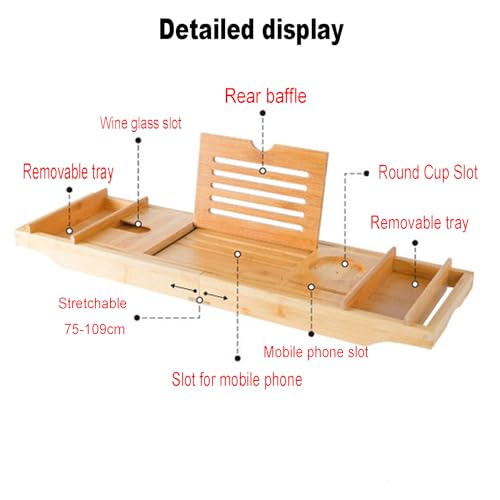 Bandeja extensible de bambú para bañera de madera ajustable de 75 a 109 cm, perfecta para velas, toallas, libros, teléfonos de vino, accesorio ideal para ducha (caja doble: bambú)