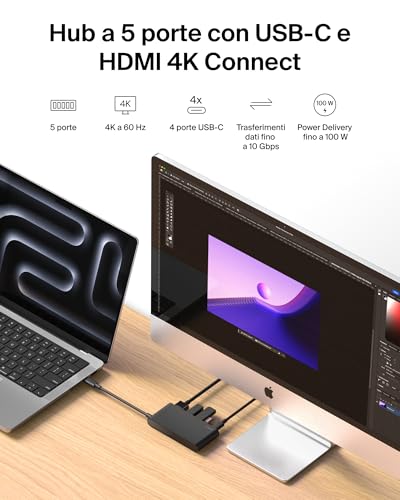 Hub USB C, Hub a 5 Porte con HDMI 4K 60Hz, Power Delivery 100W, Trasferimenti Dati Rapidi 10Gbps, Docking Station USB-C, Sdoppiatore Usb, Compatibile con MacBook, iPad Pro, Chromebook e Altri - Hub USB - Immagine 1