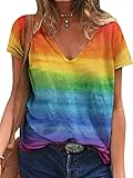 Pride Shirt for Women Rainbow Graphic T-Shirt LGBT Equality Tee Summer Short Sleeve V Neck Tops Yellow Blue