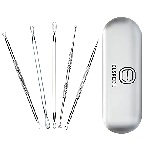 ELSKEDE Blackhead Remover Kit Acne Comedone Zit Tools Pimple Popper Tools Blackhead Extractor Tools, Professional Stainless Blemish Removal Kit for Face, Nose, Stainless Steel With Metal Case