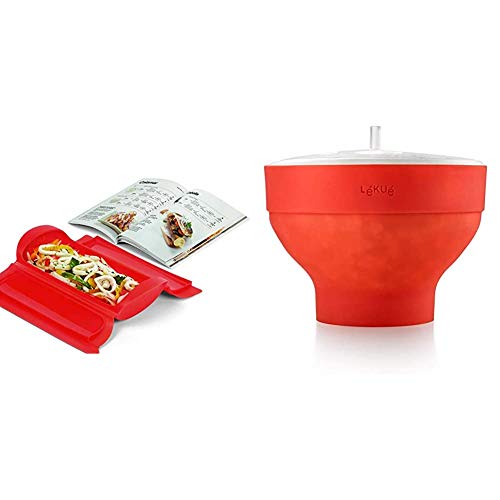 Lékué - Kit Estuche de vapor 1,2 personas + libro de recetas, 650 ml, Silicona + Recipiente para cocinar Palomitas, Rojo, 20 cm