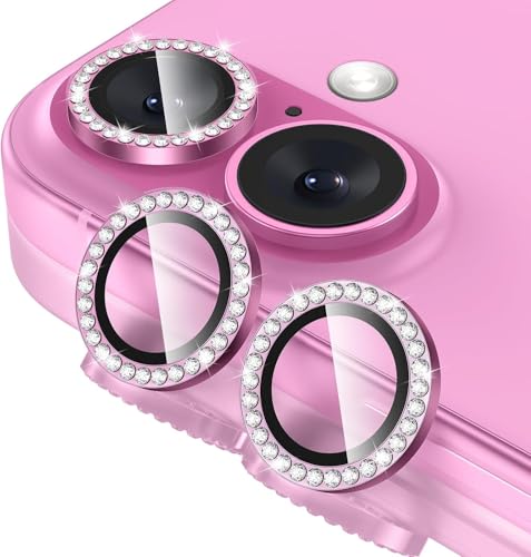 Image of Diamond Camera Lens Protector for iPhone 16 & iPhone 16 Plus Pink HD Clear 9H Hard Tempered Glass Camera Cover Waterproof Easy Install Full Camera Protection Anti Drop Case Friendly Luxury Shiny Diamond Design