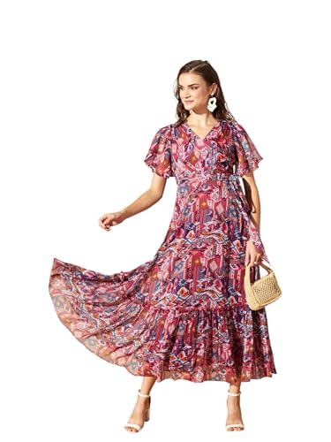 Image of Miss Chase Women's Floral V-Neck Flutter Sleeve Wrap Chiffon Maxi Dress