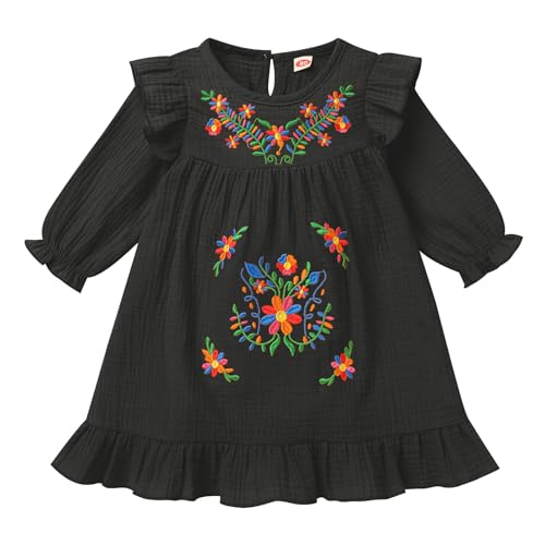 Baby Girls Mexican Dress Floral Colorful Embroidered Dresses Toddler Long Sleeve Ruffle Cinco De Mayo Fiesta Outfit Kids Peasant Traditional Ethnic Wear Mexico Themed Clothes Black 18-24 Months