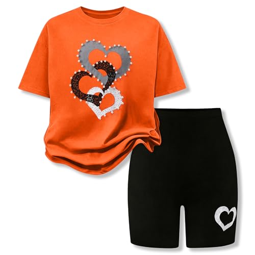 Image of 9-16Y Tween Girl Clothes 2 Piece Short Sleeve Heart Print Top and Shorts Teen Girl Summer Outfits Short Set