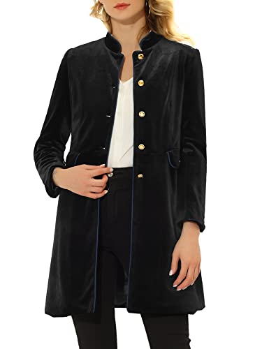Allegra K Women's Velvet Jacket Contrast Trim Pockets Stand Collar Single Breasted Long Coat
