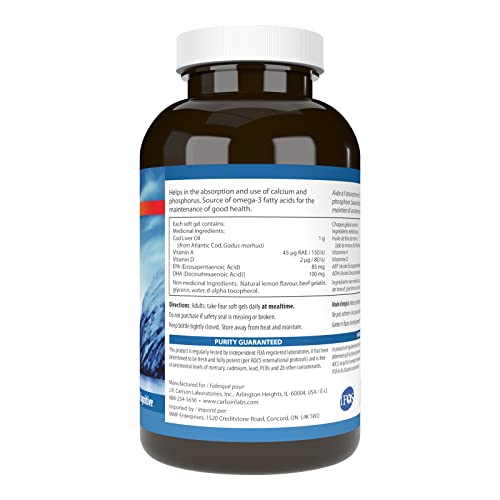 Carlson - Cod Liver Oil, 460 Mg Omega-3S + Vitamins A & D3, Wild-Caught Norwegian Arctic Cod-Liver Oil, Sustainably Sourced Nordic Fish Oil Capsules, Lemon, 300 Softgels #TOP2