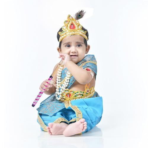 Image of ITSMYCOSTUME Krishna Dress for Baby Boy Kids Set of 10(Dhoti,Hip Cover,Patka,Mukut,Morpankh,Bansuri,Kamarband,Bajuband,Kundal) Little Krishna Ji Kanha Janmasthmi Costume