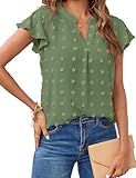 MEROKEETY Women's 2026 Spring V Neck Ruffle Short Sleeve Blouse Summer Swiss Dot Dressy Casual Flowy Shirt Tunic Top, Green, Medium