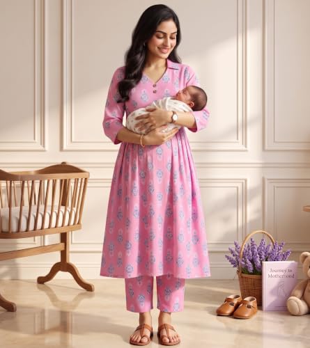 Image of DUMMY SHAPE Maternity Dresses for Women Cotton | Floral Kurta Pant Dupatta Set with Nursing Zippers, Side Pocket | Pre & Post Pregnancy | Feeding Kurti Suit | Baby Shower | Gifts for Pregnant Woman