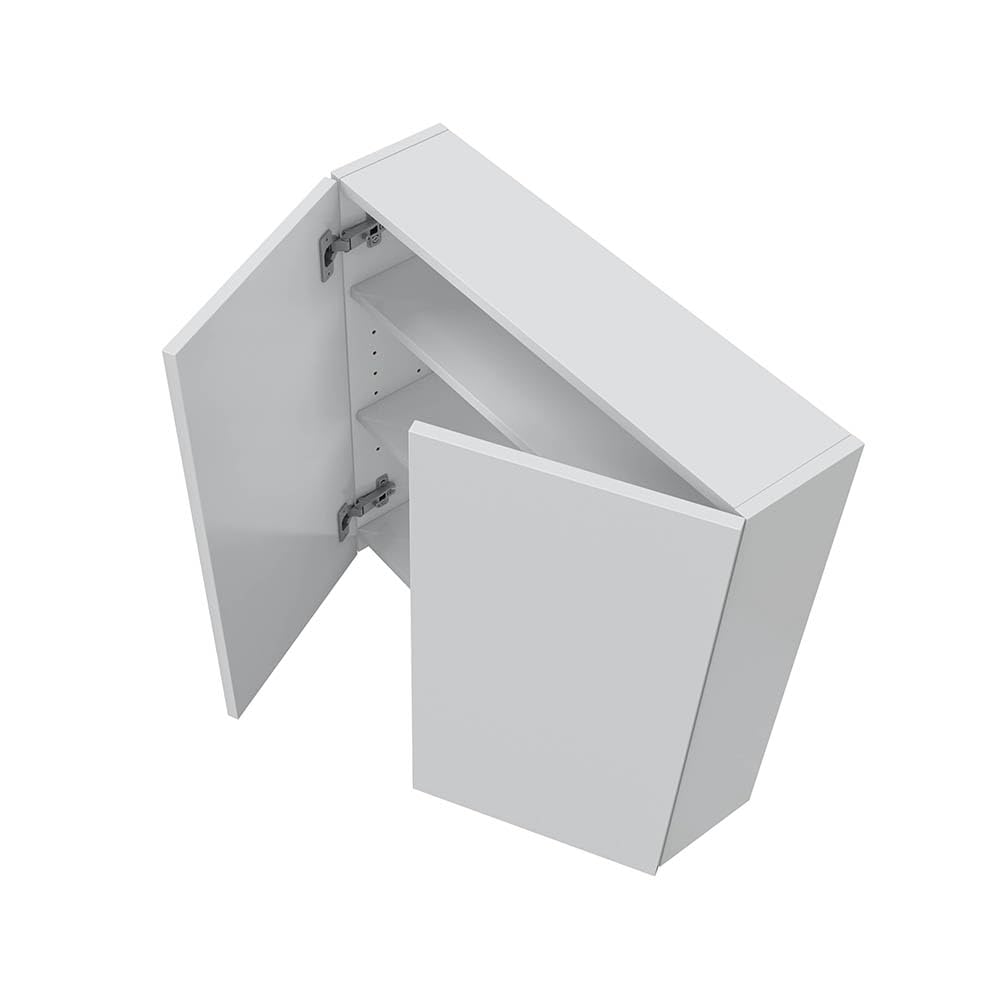 Hängeschrank >DESTAL< Der moderne Schrank DESTAL in glänzendem Weiß misst 60 cm Breite, 60 cm Höhe und 16 cm Tiefe. Aus melaminbeschichtetem Holzwerkstoff gefertigt, bietet er 2 Türen und 3 Fächer.