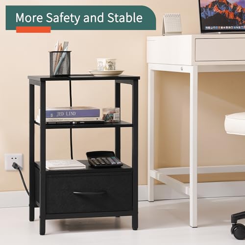 Image of Yoobure Side Table with Storage, LED Night Stand with Charging Station, End Tables Living Room, Nightstand for Bedroom with Adjustable Fabric Drawer, 3-Tier Wood Bedside Table, Black