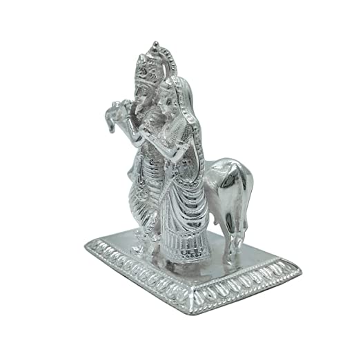 Image of MAA SILVER Pure Silver Radha Krishna BIS Hallmarked Solid Idol /Murti Playing Flute with Cow & Rectangle Base Perfect for Gifting & Pooja Use (925 Purity)(230 Grams Silver)