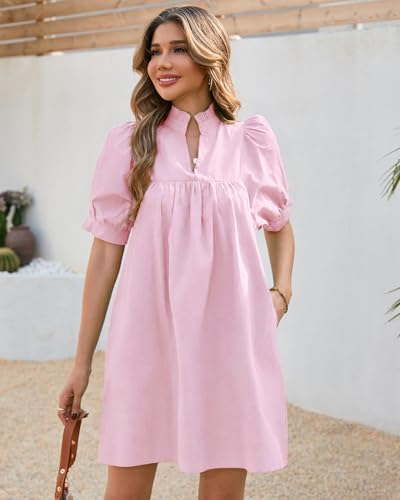 Image of YEXPINE Women's Ruffle Collar High Neck Mini Dress Puff Short Sleeve Cotton Babydoll Peplum Dresses with Pockets