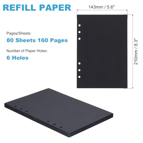 PATIKIL A5 Nachfüllpapier, ungefüttertes Blanko-Kraftpapier 6-Loch-Füller-Einsätze für 6-Ring-Ordner, 80 Blatt/160 Seiten, Schwarz