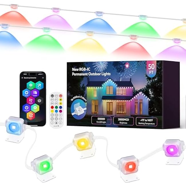 Permanent Lights Outdoor,Smart RGB LED Lights with 66 Scene Modes,50FT LED Eaves Lights IP67 Waterproof,Color Changing String LED Lights for House,Party,Holiday,Christmas,All year-round Decor