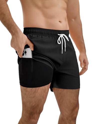 YnimioAOX Men’s Swim Trunks 5 Inch with Compression Liner 2 in 1 Quick Dry Swimming Shorts Bathing Suits with Pockets