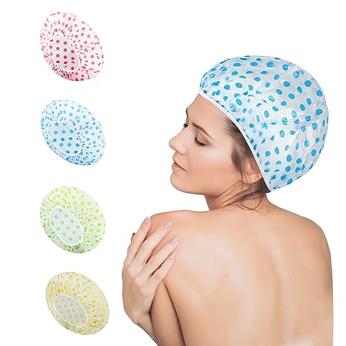 Nimxy Pack of 4 Shower Cap, Reusable Shower Caps For Women & Men - Waterproof with Elastic Band & Soft Lining (Dotted) - Image 5