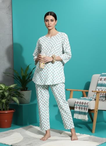 Image of 9shines Label Pure Cotton Printed Women Top & Pyjama Set | Pyjama co-ord Set | Night Suit | Lounge wear for Home | Nightwear Set for Women | Night Dress for Women Stylish (COPJ-5)