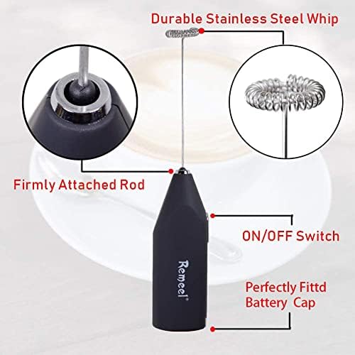 Remeel Handheld Milk Frother with Stainless Steel Whisk, Portable and Powerful Foam Maker for Morning Coffee, Latte, Cappuccino, Hot Chocolate (Black)