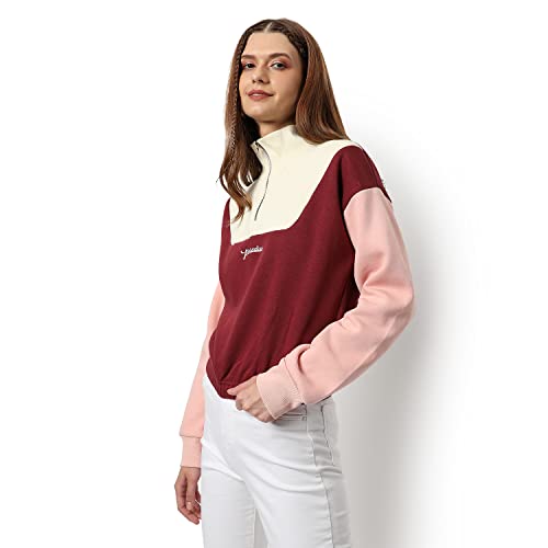 Image of PINACOLADA Women's Colorblock Sweatshirt with Ribbed Hem for Casual Wear | Low-High Neck | Long Sleeve | Button Closure | Cotton Sweatshirt Crafted with Comfort Fit for Everyday Wear