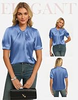 GRACE KARIN Damen Satin Bluse Kurzarm Elegante Sommer Party Oberteile Seidenbluse Business Top Graublau M – Ansicht 2