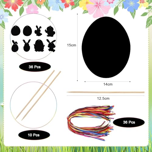 Bipl 36 Stück Ostern Kratzbilder, Ostereier Kratzbilder Kinder, Regenbogen Magie Ostereier, Ostereier Scratch Art Set, für Ostern Party Anhänger Dekoration DIY Handwerk