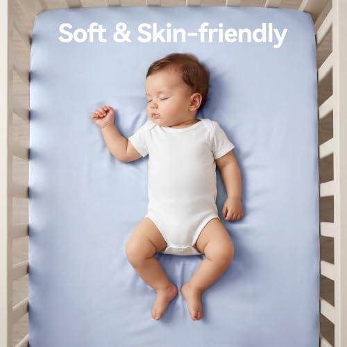 Image of Satin Crib Sheet for Baby Hair Care - Oeko-TEX Certified Silky Soft Fitted Mattress Cover 28x52 - Breathable & Gentle on Skin, Snug Fit for Standard Crib (Light Blue)