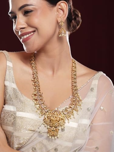 Image of Rubans 22K Gold-Plated Ruby Pink, Emerald & CubicZicronia Divine Lakshmi Temple NecklaceSet