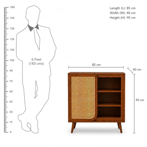 Image of The Attic INES Cabinet, Coffee Table for Living Room, Solid Wood Centre Table with Cane with Sliding Doors, Honey Matt Finish