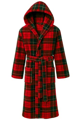 Image of Mens Hooded Fleece Dressing Gown Soft Cosy Warm Bathrobe Hood, Check Red, L-XL