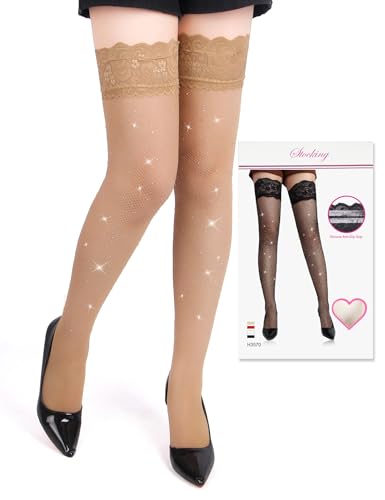 Image of ohmydear Womens Sparkly Rhinestone Fishnet Thigh High Stockings Silicone Lace Top Stay Up Nylons Tights Glitter Pantyhose