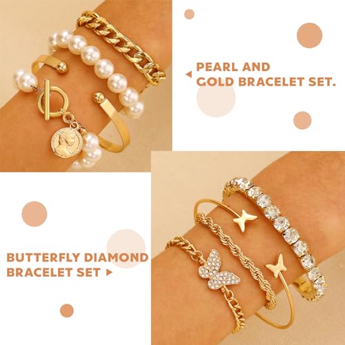 43 Stück Gold Schmuckset für Mädchen und Damen, mit 3 Halsketten, 12 Armbändern, 10 Ringen, 6 Paar Ohrringen, 12 Ear Cuff Ohrklemme Ohrringe, Ideal für Valentinstag, Geburtstag und Muttertag – Bild 6