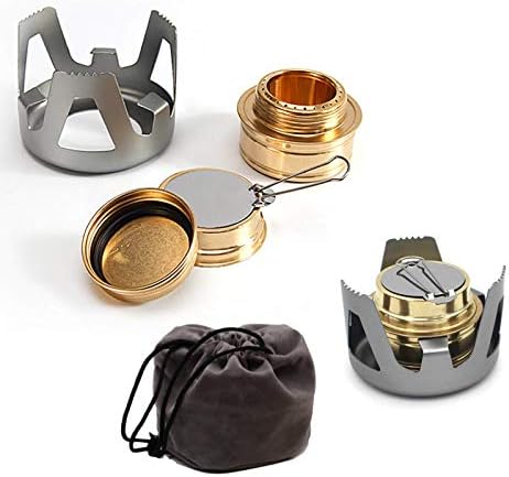OutyFun Backpacking Alcohol Stove, Portable Efficient Lightweight Brass Spirit Burner Cooktop with Aluminium Stand and Flame Regulator for Camping, Hiking, Picnic and Survival