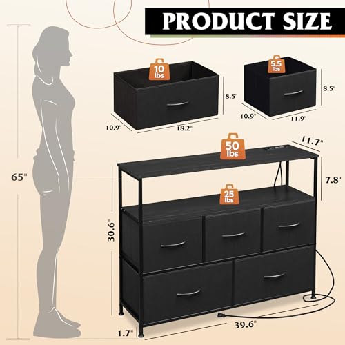 Image of WLIVE 5 Drawer Fabric Dresser Charging Station Bedroom Chest, Black
