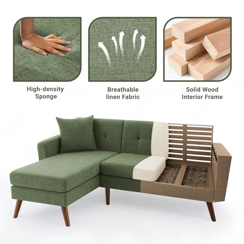 Tbfit L Shaped Couch Sofa, 80" W Mid-Century Modern Sectional Couches, 3 Seater Sofas with Wide Chaise Lounge & Two Pillows,Button Tufted Upholstered Sectional Sofa for Living Room, Bedroom, Green