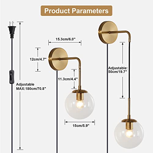 Image of KCO Modern Globe Wall Sconce with Plug in Industrial Vintage Wall Lamp On /Off Switch Minimalist 1-Light Mounted Lamps for Bedroom Living Room Corridor (Clear & 2-Pack)