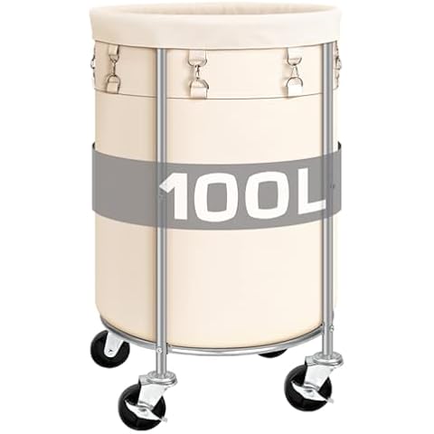 Laundry Hamper with Wheels, Rolling Laundry Basket, Round Laundry Sorter Cart with Steel Frame and Removable Bag, 4 Casters and 2 Brakes, Ideal for Bedroom, Bathroom, Laundry Room, Beige Cover