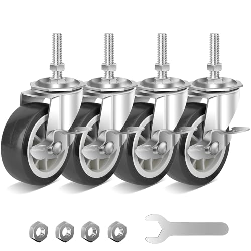 NISUSK 3 Inch Heavy Duty Stem Casters Swivel Wheels with Brake - 3/8