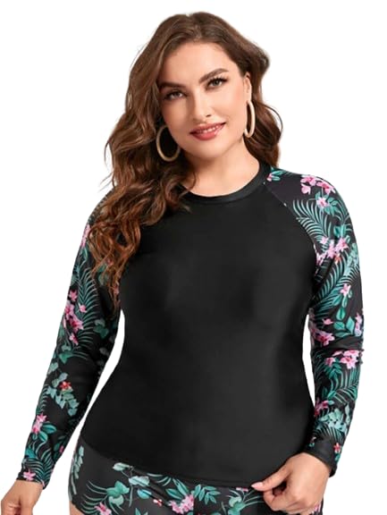 plus curvves Plus Tropical Print Raglan Sleeve High Neck Tankini Top - XL - 8XL-picture-16