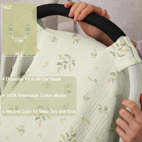 Image of 100% Muslin Cotton Car Seat Cover Baby, Carseat Canopy Cover, Universal Fit Stroller Covers for Boys and Girls (Green Beige Leaf)