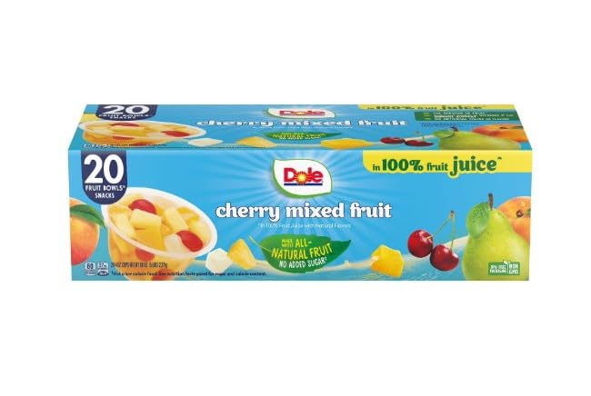 Dole Fruit Bowls Cherry Mixed Fruit in 100% Juice 4 oz., Snacks Lunch box Bowl Family Value Pack, 20 pk