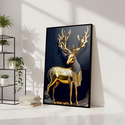 Image of The Castle Decor Golden Deer Wall Painting | Lucky Charm Abstract Deer Art for Living Room & Bedroom | Multicolor Sparkle Laminated Wall Art with Frame - 20x30 Inches