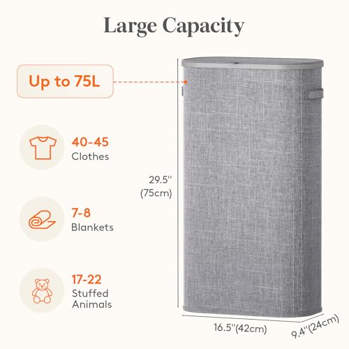 Image of Lifewit Slim Laundry Basket with Lid, Narrow Large Laundry Hamper with Plastic Handles and Removable Bag, Tall Foldable Dirty Clothes Hampers for Laundry Room, Bedroom, Bathroom, Dorm, 75L Gray