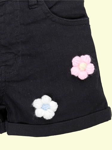 Image of KiddoPanti Girls Tight Length Rollup Denim Shorts with Lavender and Pink 3D Crochet Flowers
