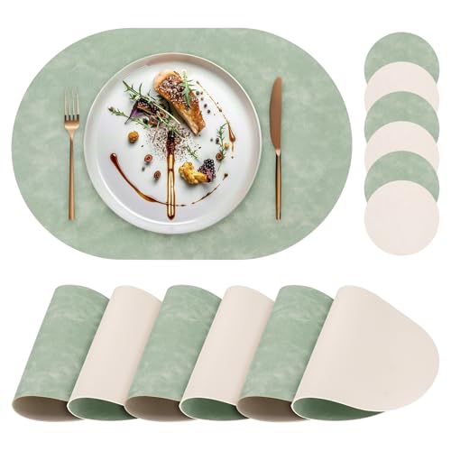 yuuzue Faux Leather Placemats Set of 6 with Matching Coasters, Heat Resistant PU Oval Placemats, Waterproof Wipeable Washable Place Mats, Non-Slip Table Placemats for Dining Table Kitchen Patio
