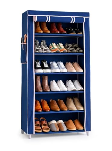 Image of 6 Layer Shoe Rack with Blue Cover, Foldable Space Saving