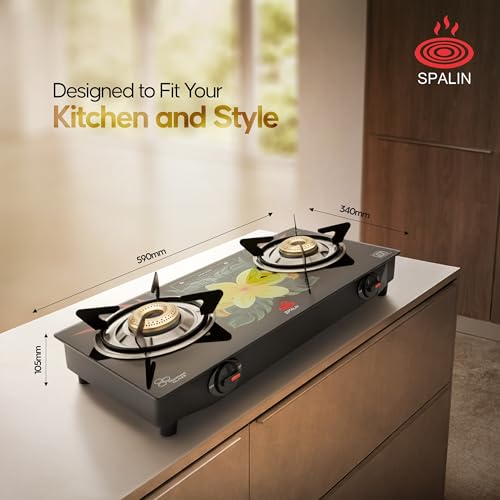 Image of 2 Burner Digital Glass Top Gas Stove | Manual Ignition | Floral Crystal Design | ISI Certified | High Efficiency Burners | Durable & Easy Clean Modern Kitchen Stove